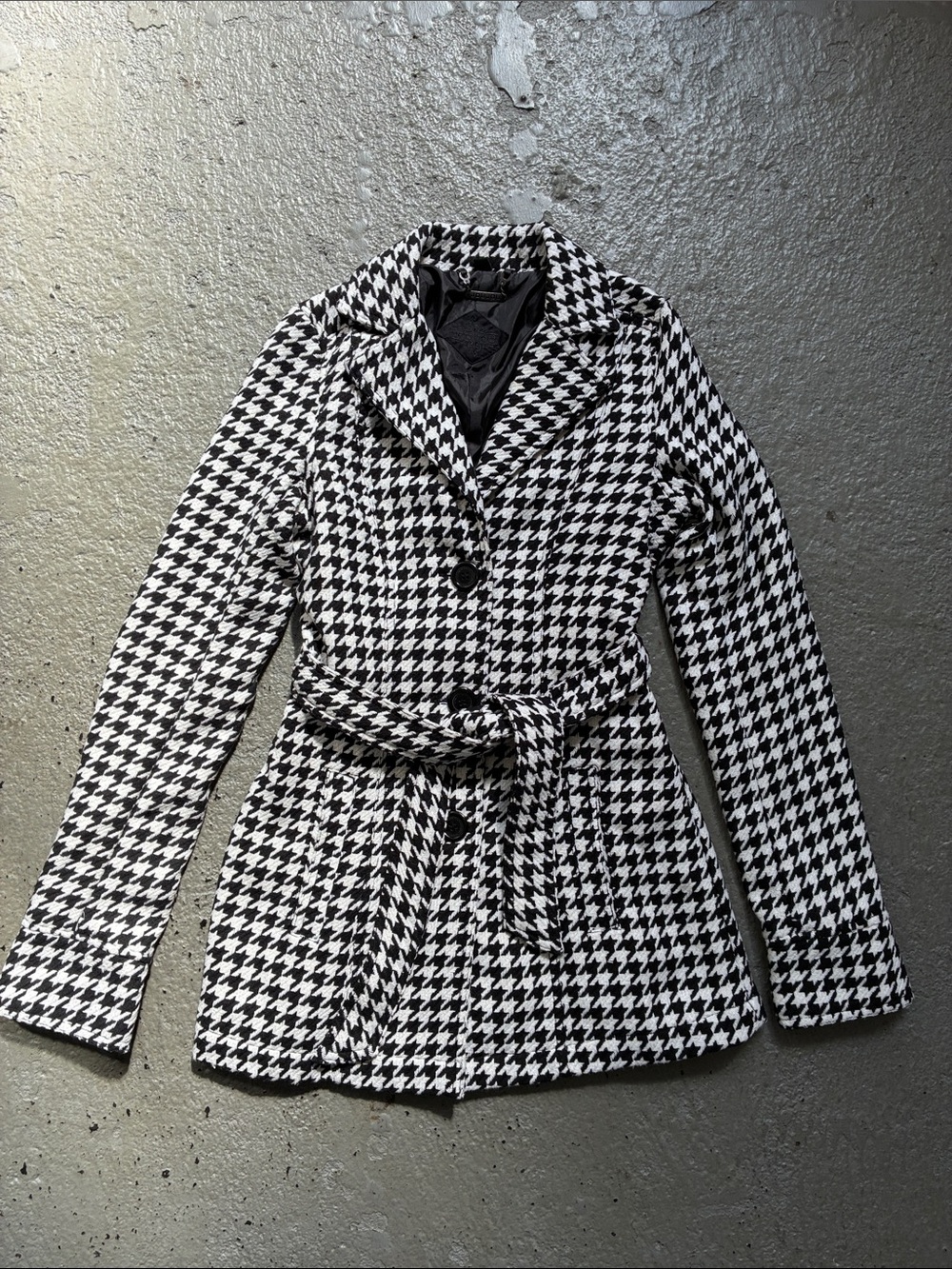 Jou Jou Black & White Houndstooth Belted Pea Coat